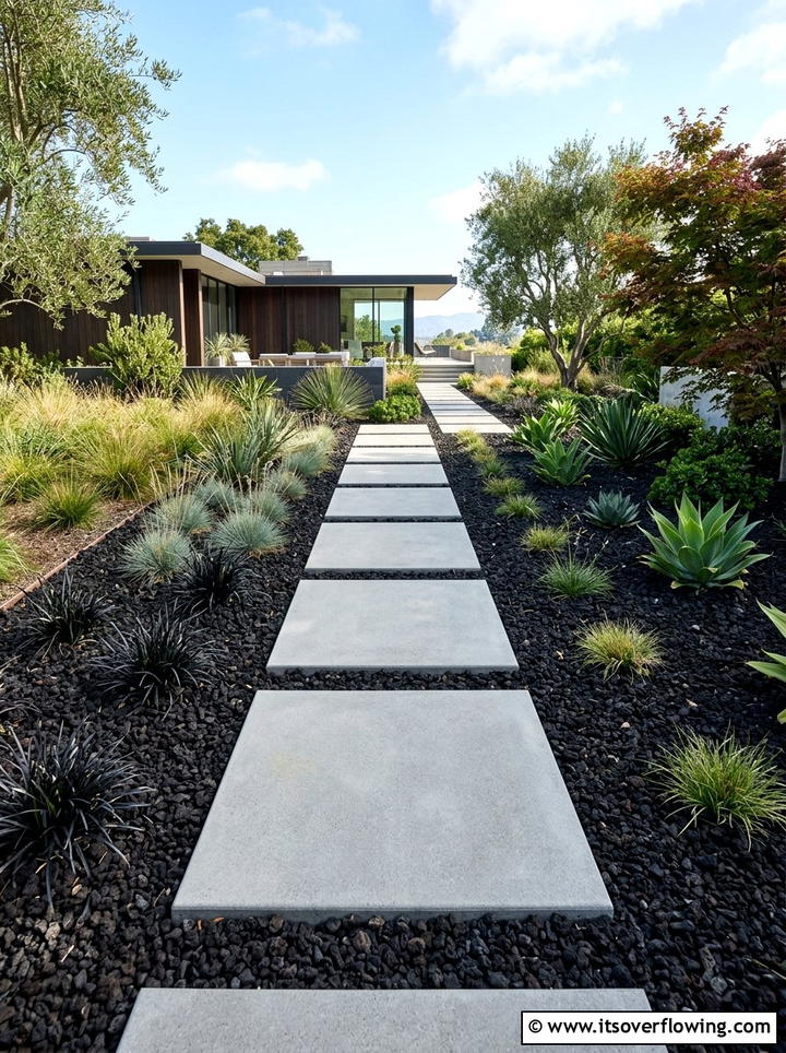 Geometric Stepping Stones In Dark Soil - 25 garden design ideas with bold contrast