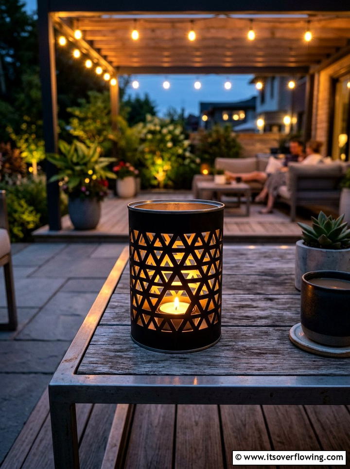 Geometric Tin Can Tea Light Holder - 25 upcycled garden ideas with old cans