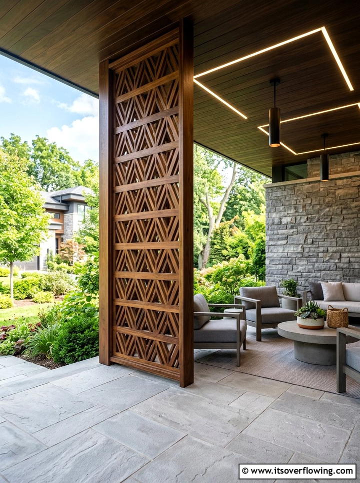 Geometric Wood Screen - 25 front porch ideas with privacy screens