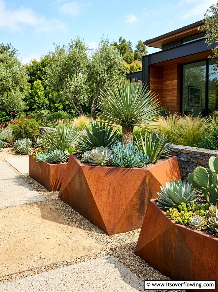 Geometric corten steel planter - 25 creative garden ideas with geometric beds