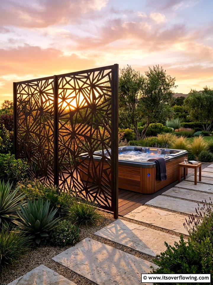 Geometric metal privacy screen - 25 backyard ideas with trellis fence