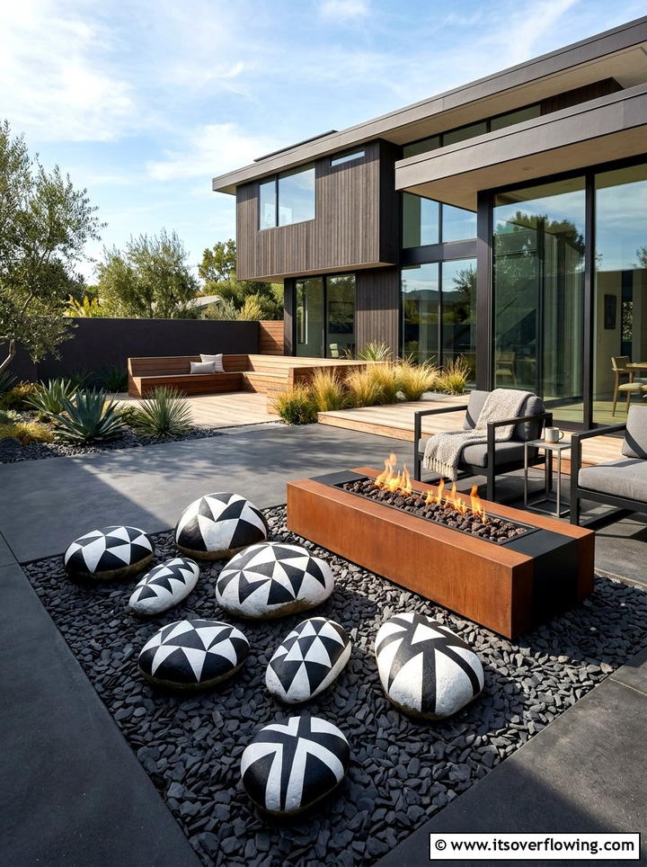 Geometric pattern garden stone - 25 garden decor ideas with painted rocks