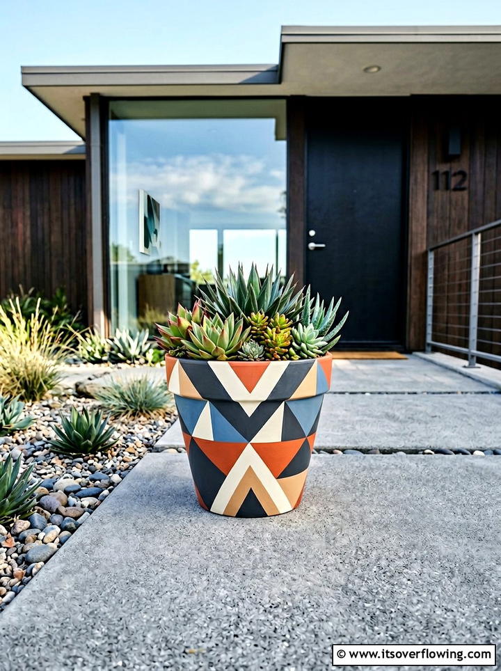 Geometric pattern painted pot - 25 front porch ideas with painted pots
