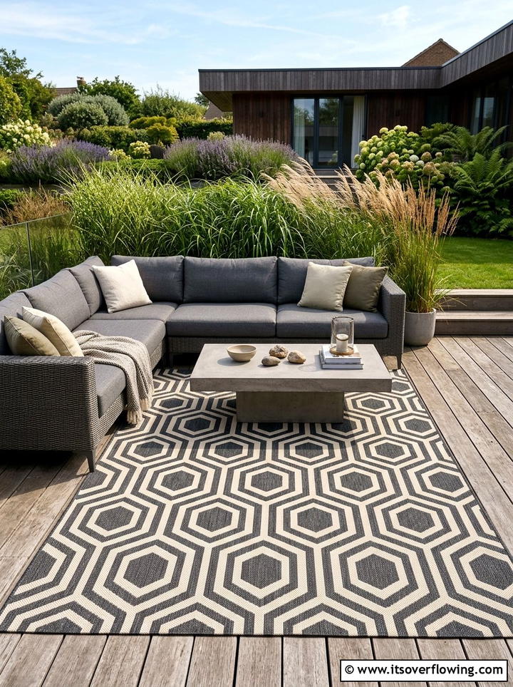 Geometric pattern rug for terrace - 25 garden decor ideas with outdoor rugs