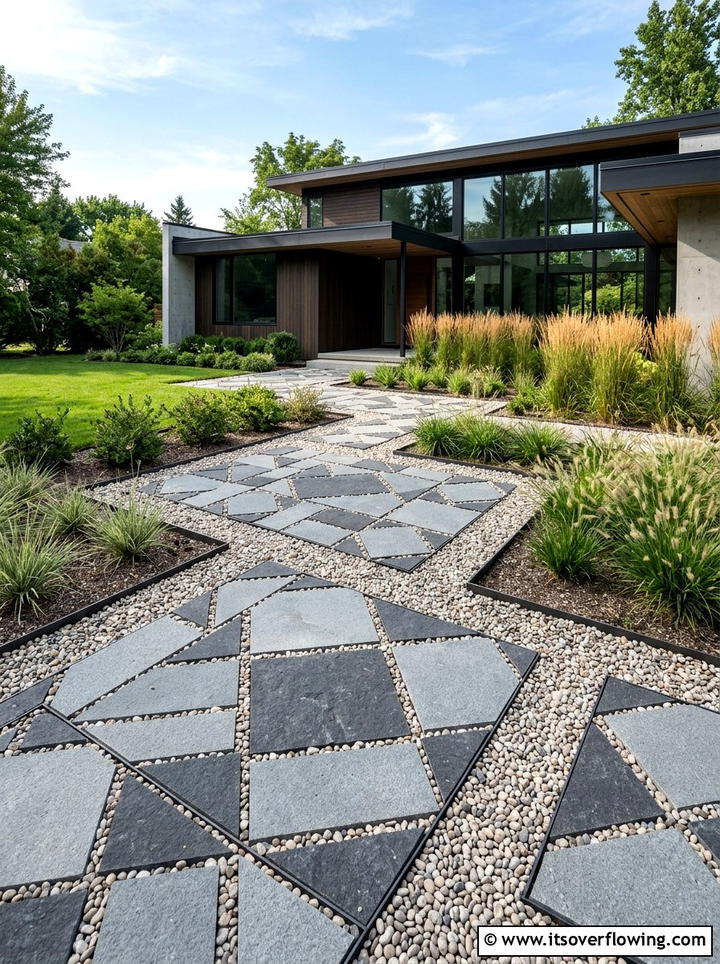 Geometric pebble walkway - 25 garden ideas with pebble mosaics
