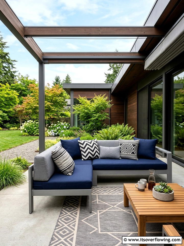 Geometric print outdoor pillow arrangement - 25 front porch decor ideas with pillows