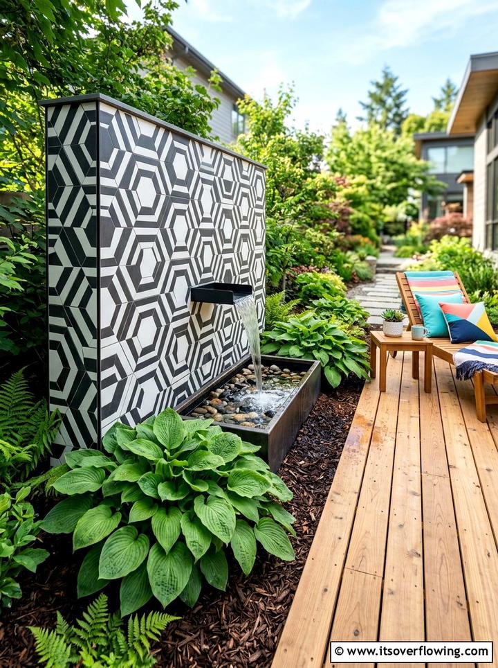 Geometric tile wall fountain - 25 creative garden ideas with fountain wall