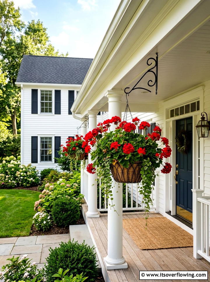 Geranium hanging baskets classic porch - 25 cheap garden ideas with hanging baskets