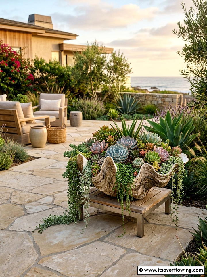 Giant clam shell planter - 25 garden decor ideas with shell accents