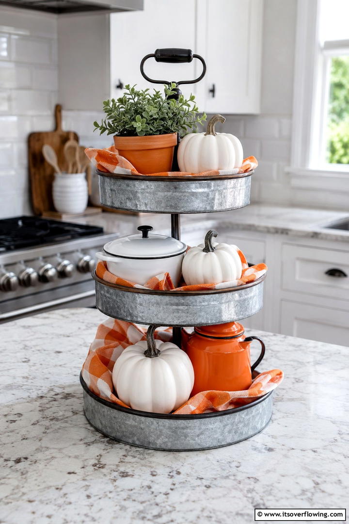 Gingham and Galvanized Combination - 50 Fall Tiered Tray Decor Ideas for Festive Shelves