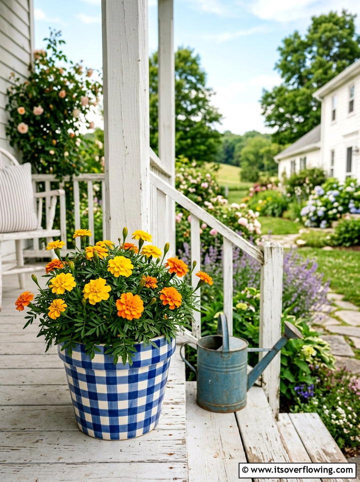 Gingham pattern flower pot - 25 front porch ideas with painted pots