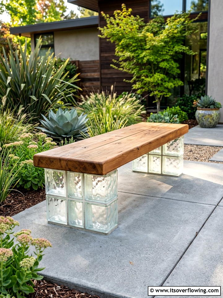 Glass Block Bench Base - 25 recycled garden ideas with recycled glass art