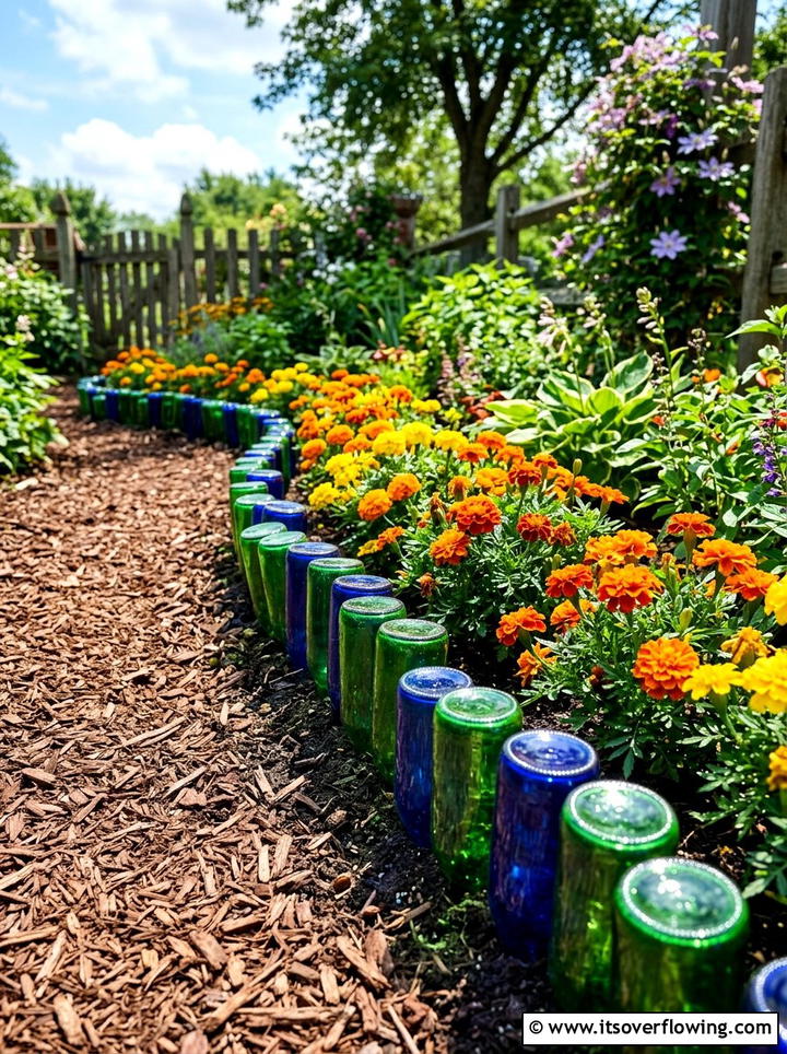 Glass Bottle Border - 25 garden decor ideas on a budget