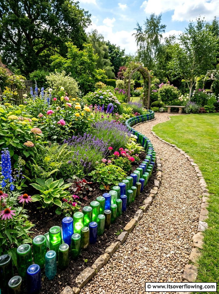 Glass Bottle Border - 25 recycled garden ideas with old kitchenware