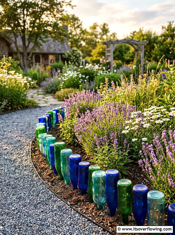 Glass Bottle Border - 25 recycled garden ideas with pebbles