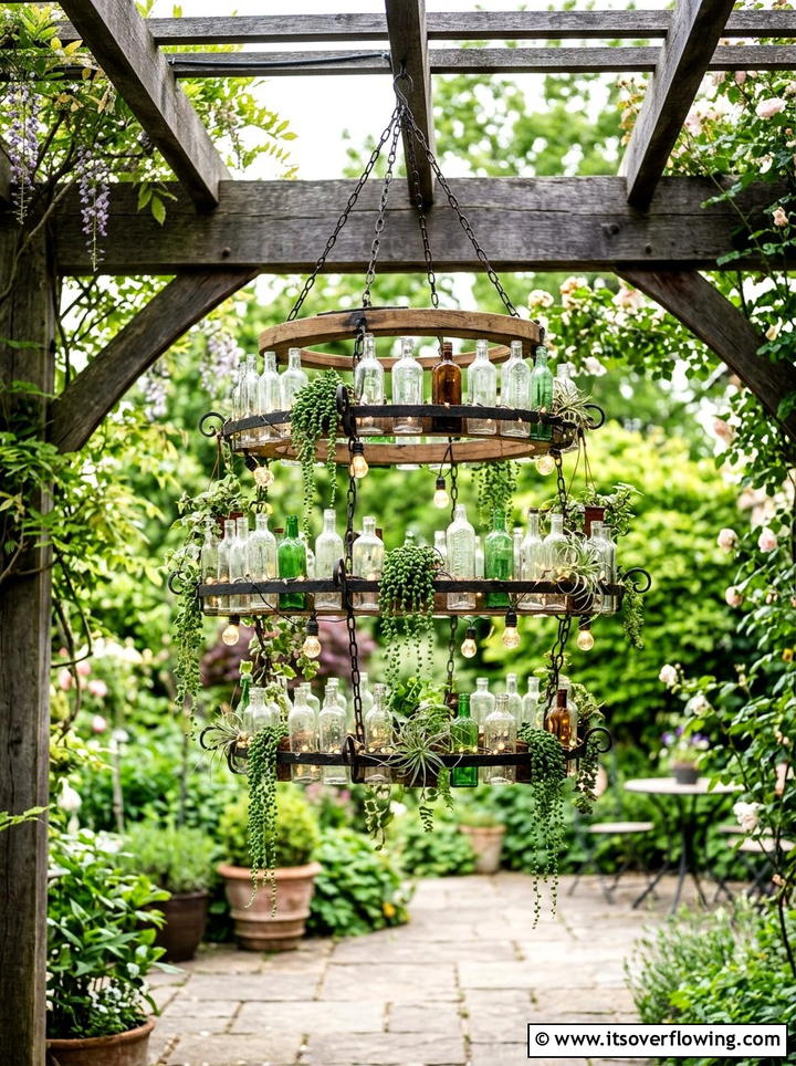 Glass Bottle Chandelier Planter - 25 recycled garden ideas with hanging bottle planters