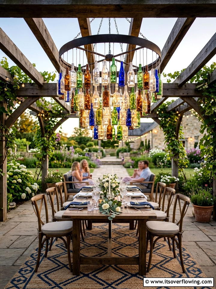 Glass Bottle Chandelier - 25 recycled garden ideas with glass bottles