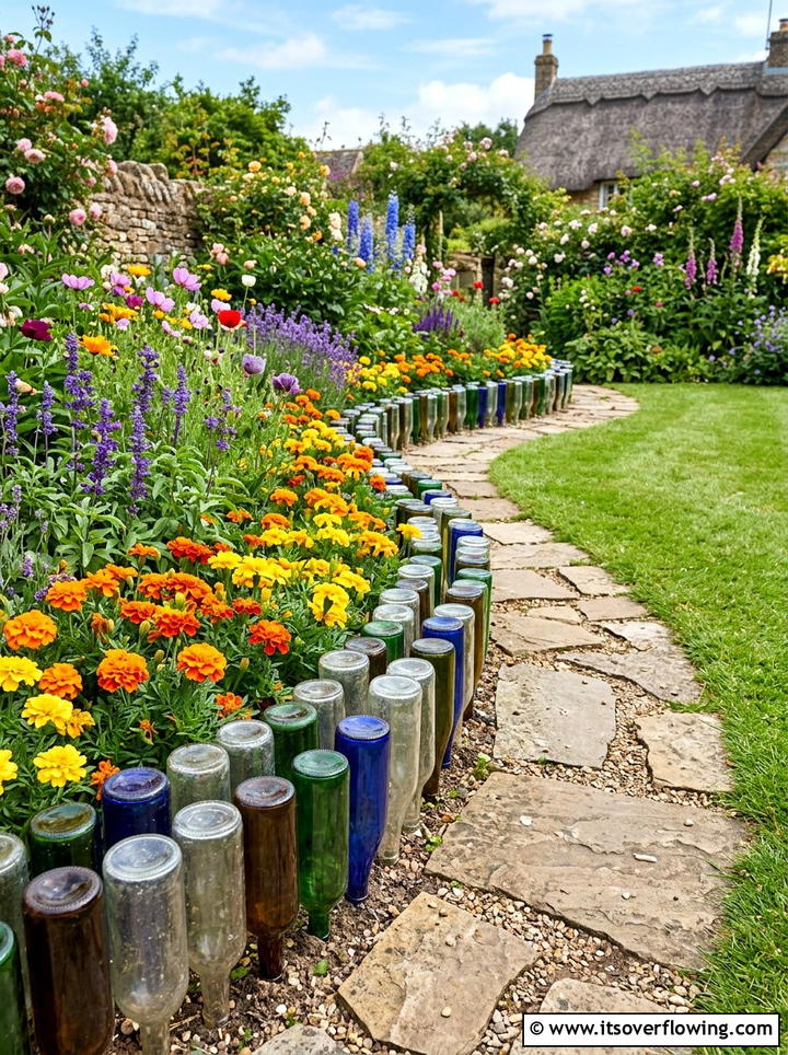 Glass Bottle Flower Border - 25 recycled garden ideas with glass bottles