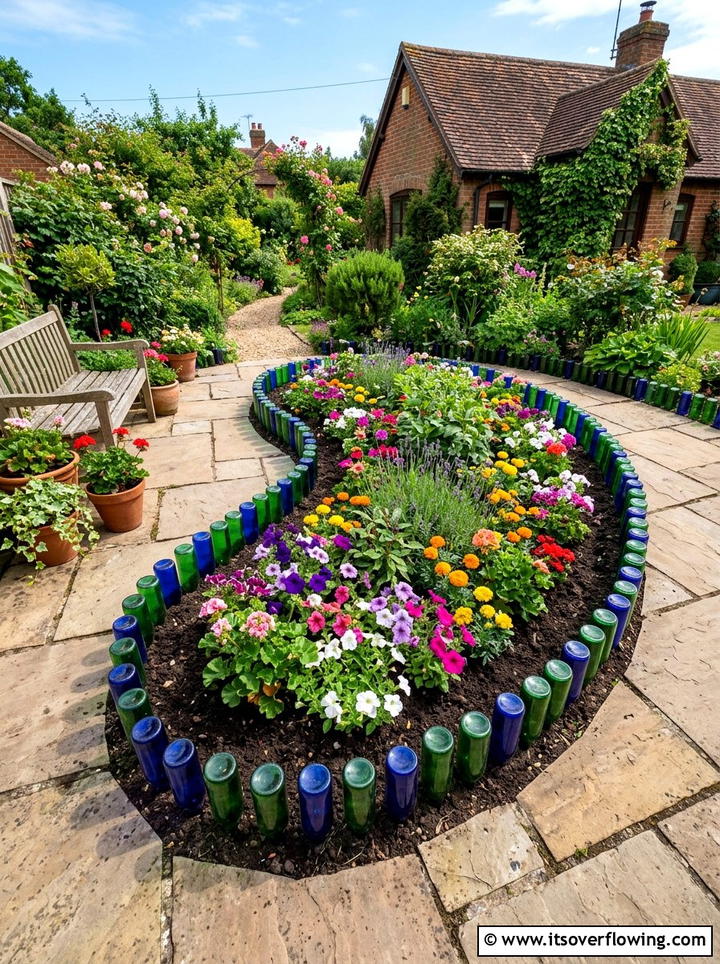 Glass Bottle Garden Border - 25 recycled garden ideas for small spaces