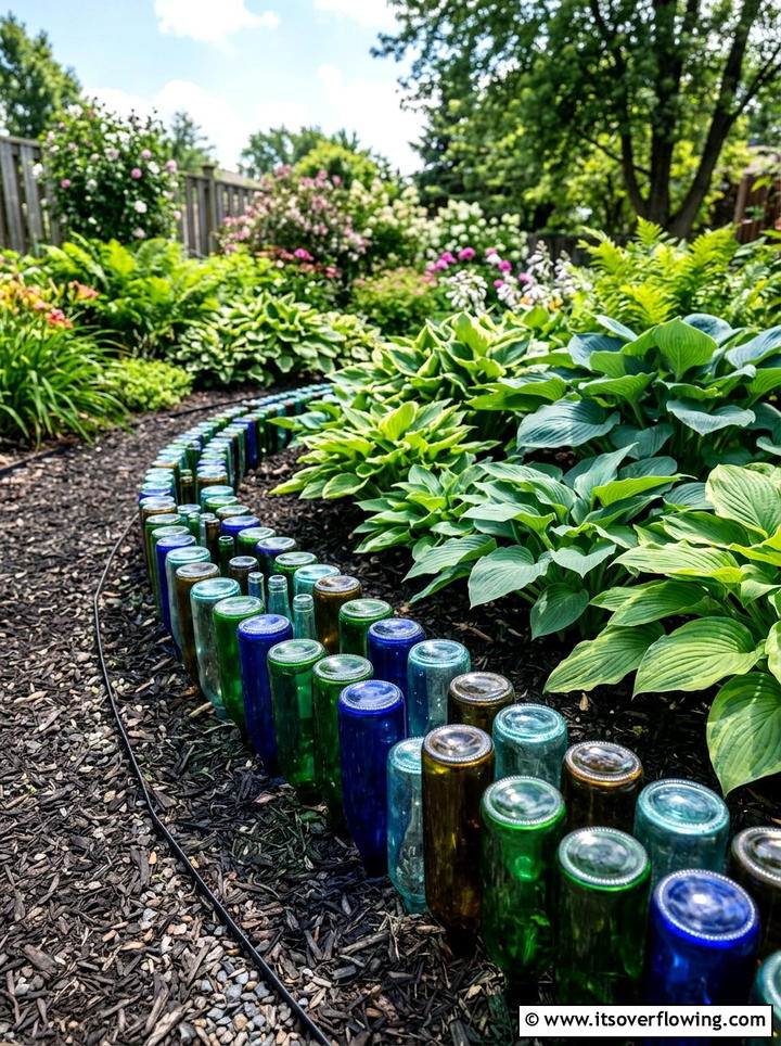 Glass Bottle Garden Edging - 25 backyard ideas with upcycled decor