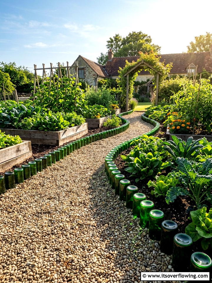 Glass Bottle Path Edging - 25 recycled garden ideas with recycled glass art