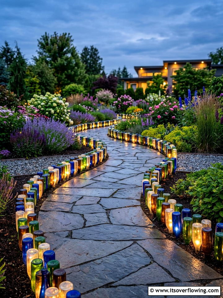 Glass Bottle Pathway Border - 25 garden ideas with bottle lights