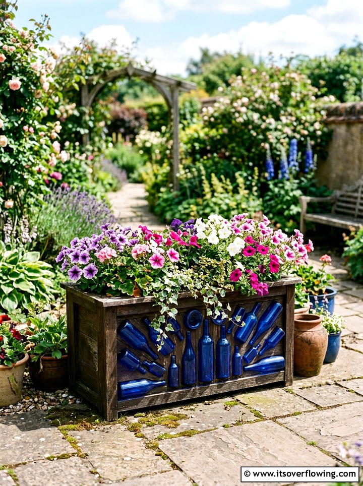 Glass Bottle Planter Box - 25 recycled garden ideas with glass bottles