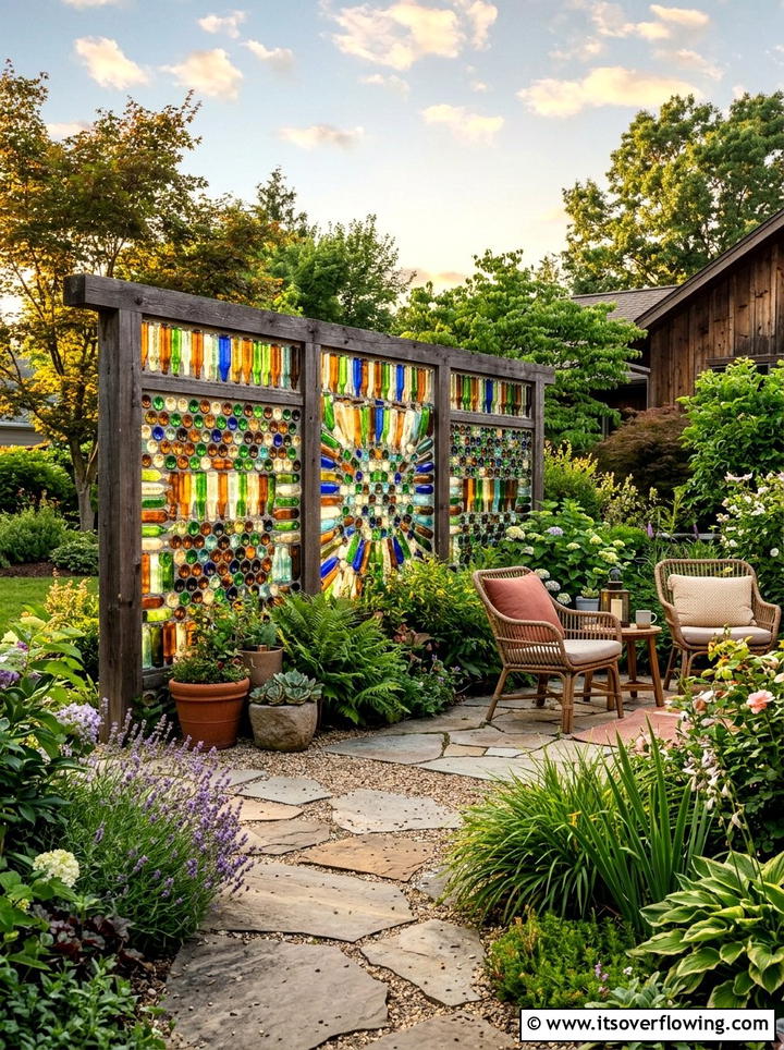 Glass Bottle Privacy Wall - 25 recycled garden ideas with glass bottles