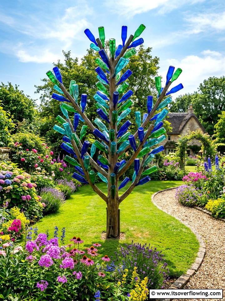 Glass Bottle Tree - 25 recycled garden ideas with recycled glass art