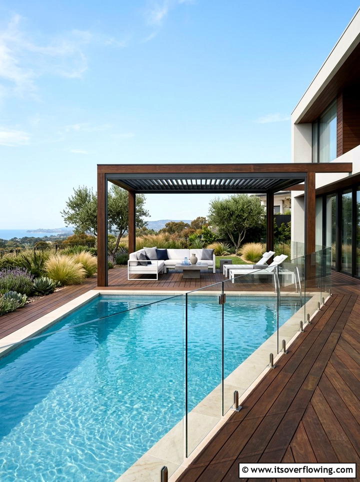 Glass Fence Pool With Modern Pergola - 25 backyard ideas with pool and pergola