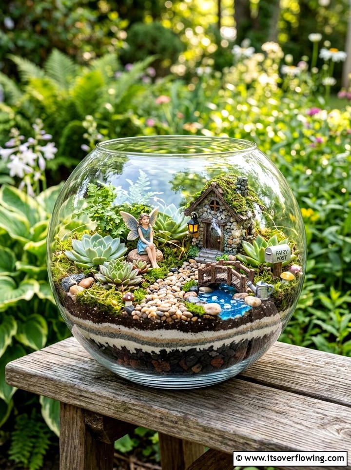 Glass Fish Bowl - 25 upcycled garden ideas with fairy gardens