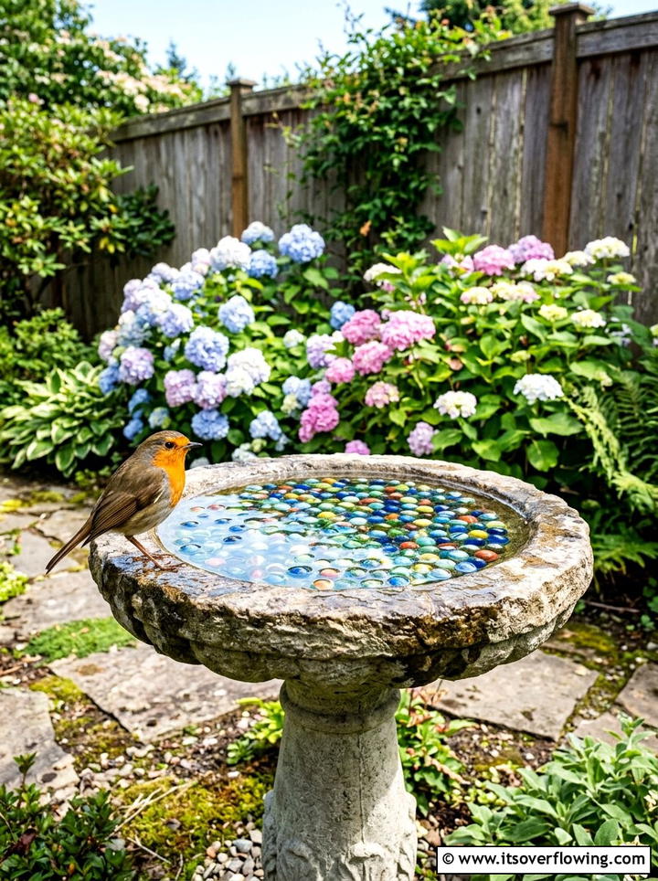 Glass Marble Bird Bath - 25 recycled garden ideas with recycled glass art