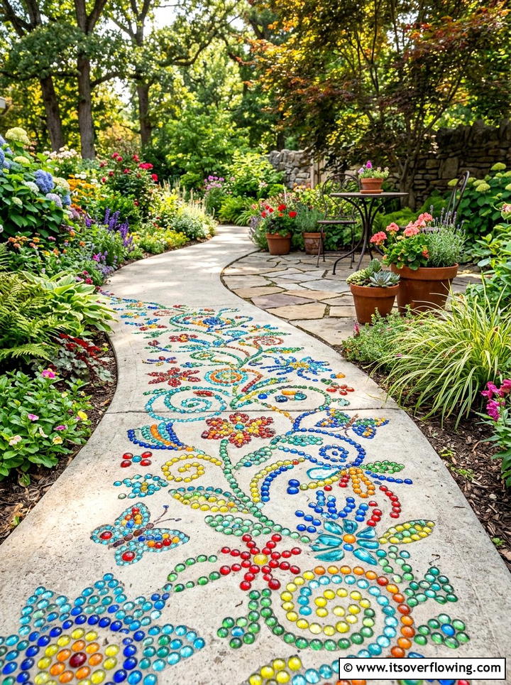 Glass Marble Mosaic - 25 upcycled garden ideas with pathway markers