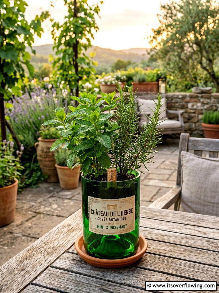 Glass Wine Bottle Herb Planter - 25 recycled garden ideas with self watering planters