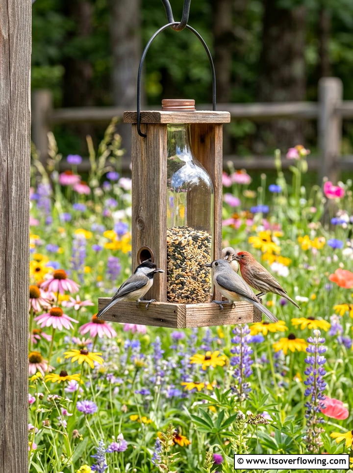 Glass bottle bird feeder - 25 recycled garden ideas with vertical bottle wall