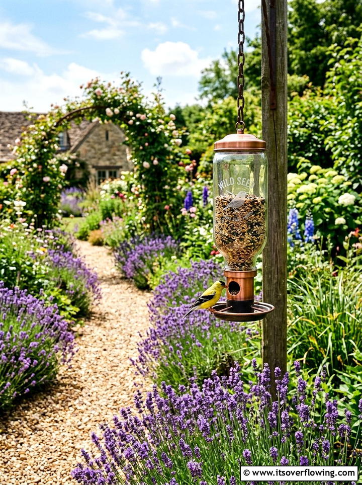 Glass bottle bird feeder - 25 garden decor ideas with feeders