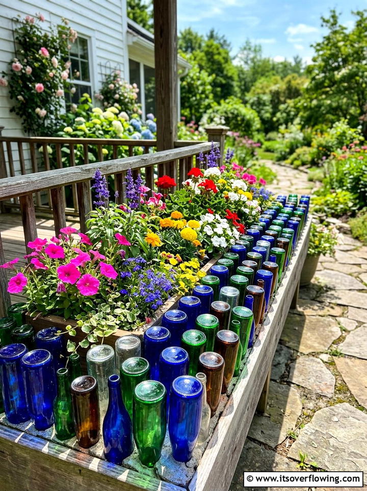 Glass bottle border - 25 recycled garden ideas for porch decor