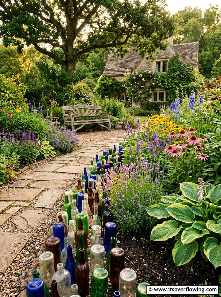 Glass bottle border - 25 reusing old things ideas for garden edging
