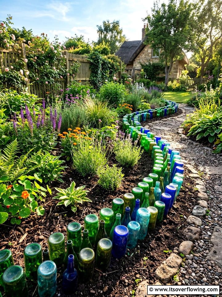 Glass bottle border - 25 upcycled garden ideas with boho style