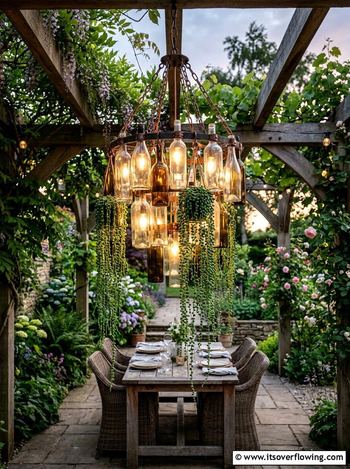Glass bottle chandelier planter - 25 creative garden ideas with hanging bottle planters