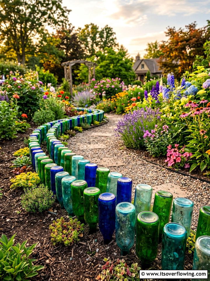Glass bottle edger - 25 recycled garden ideas with rainwater collection