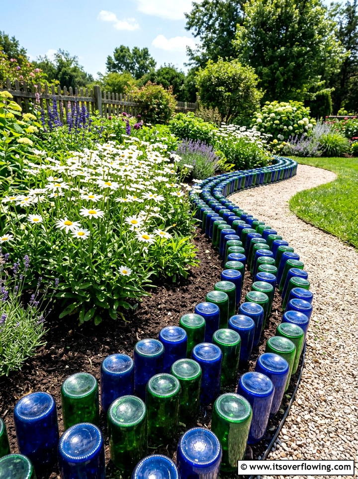 Glass bottle edging - 25 cheap garden ideas with recycled materials