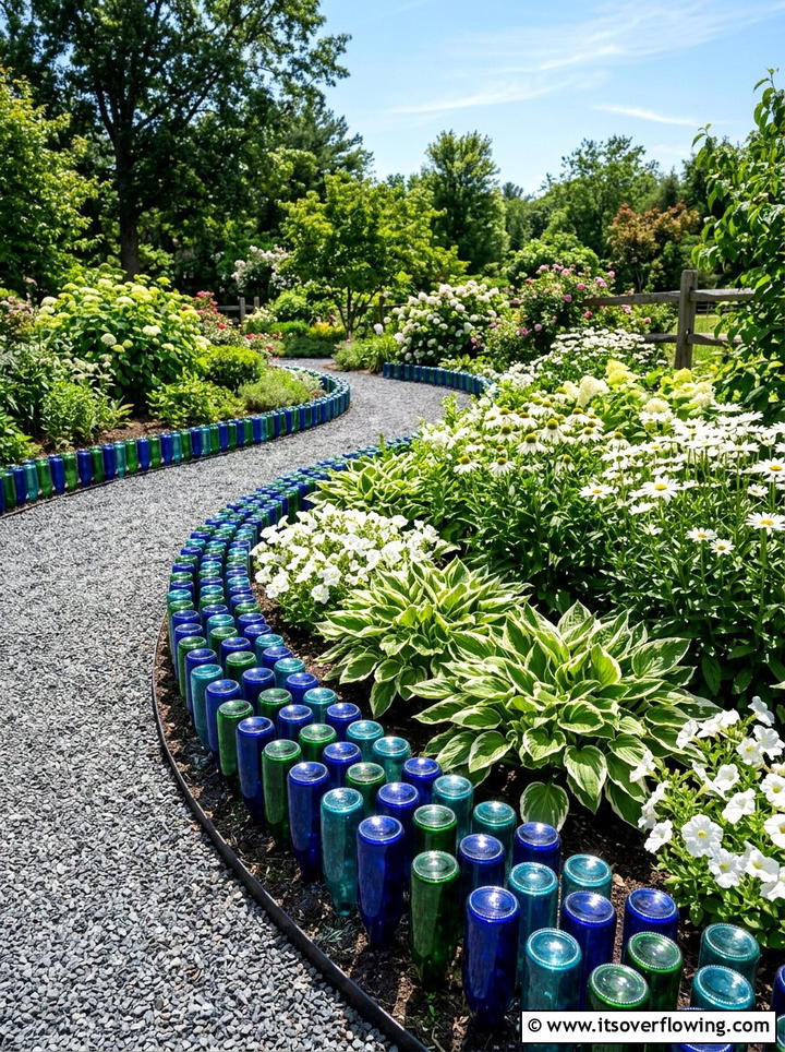 Glass bottle garden border - 25 reusing old things ideas for modern garden look