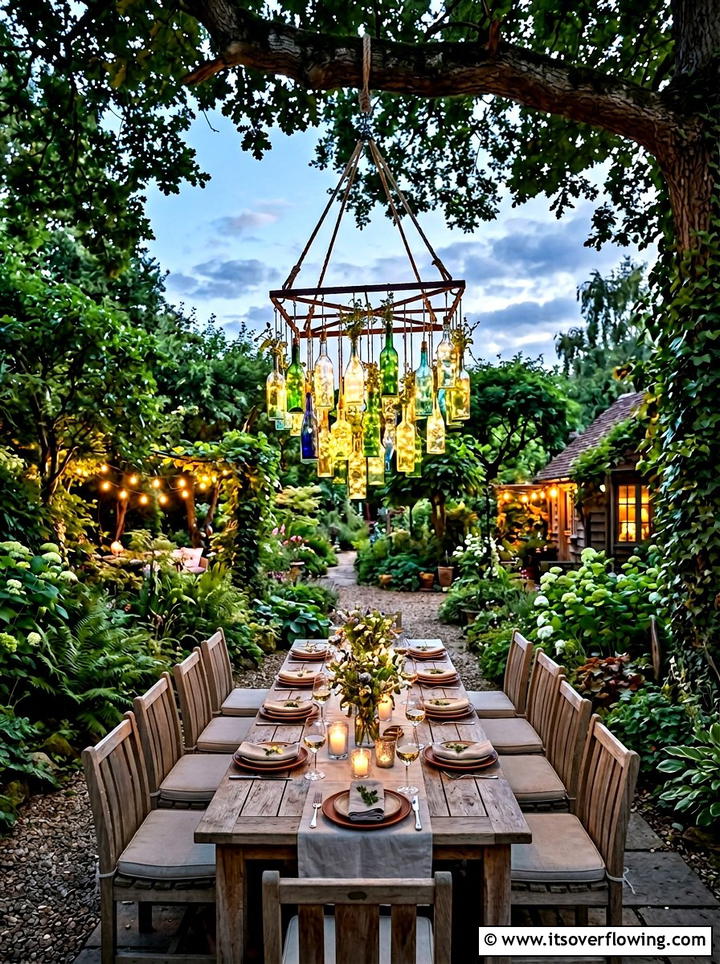 Glass bottle garden chandelier - 25 upcycled garden ideas with glass bottles