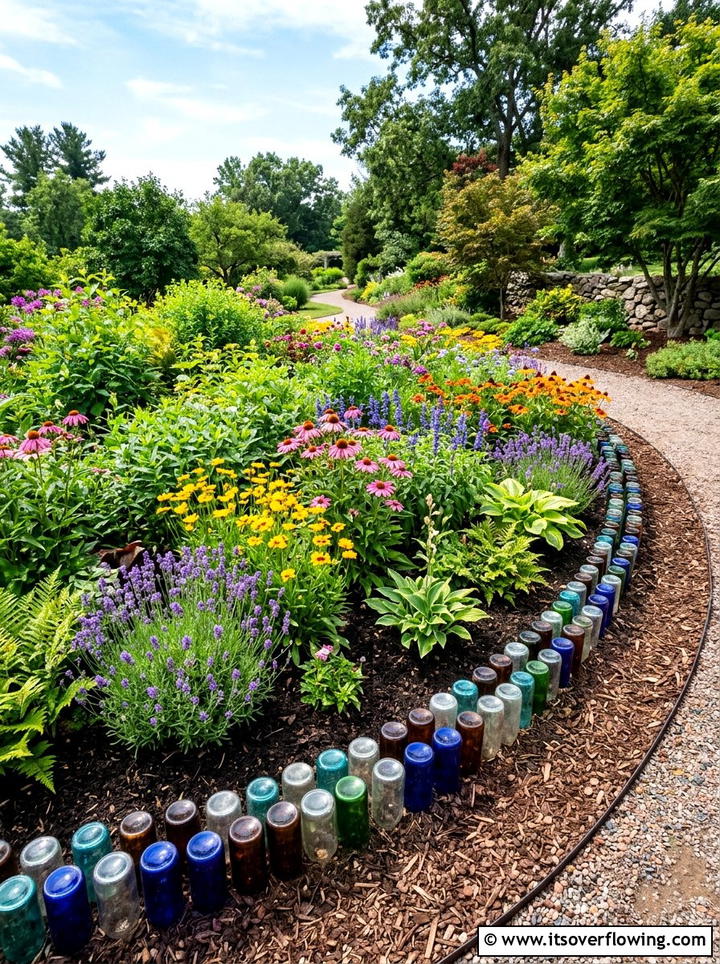 Glass bottle garden edging - 25 upcycled garden ideas with glass bottles