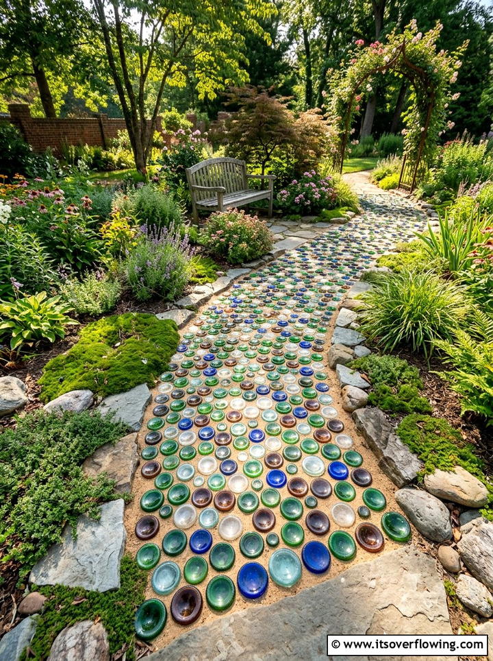 Glass bottle garden path - 25 upcycled garden ideas with glass bottles