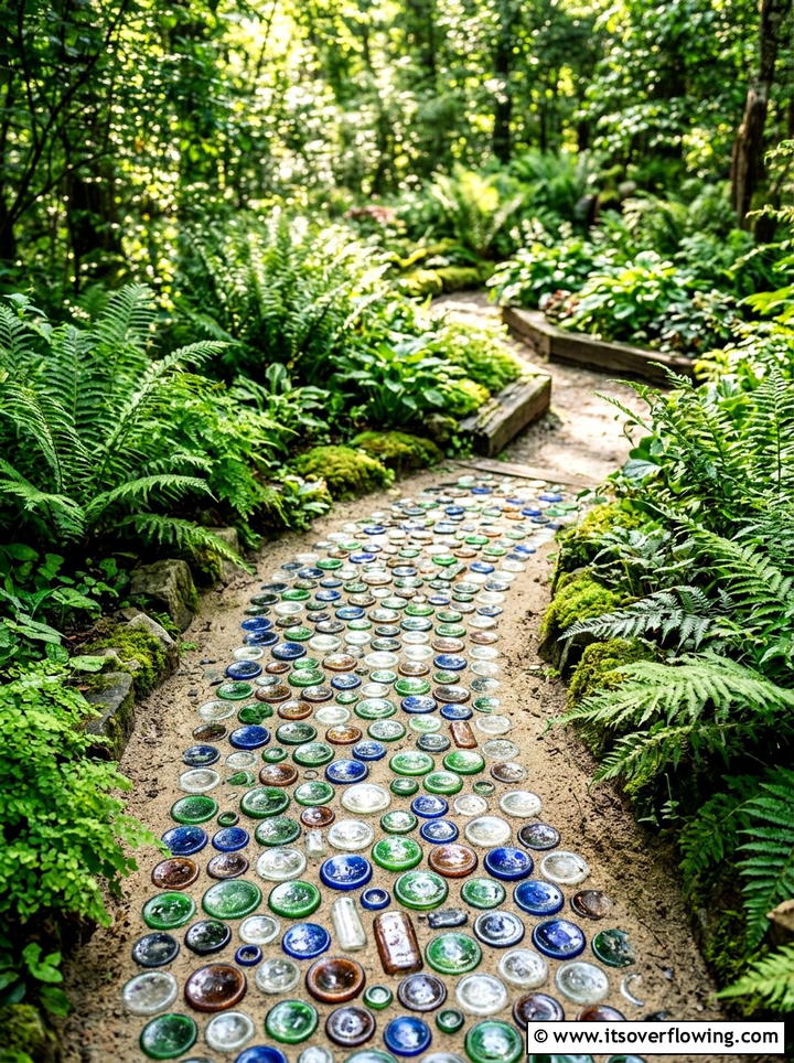 Glass bottle garden path - 25 recycled garden ideas with vertical bottle wall