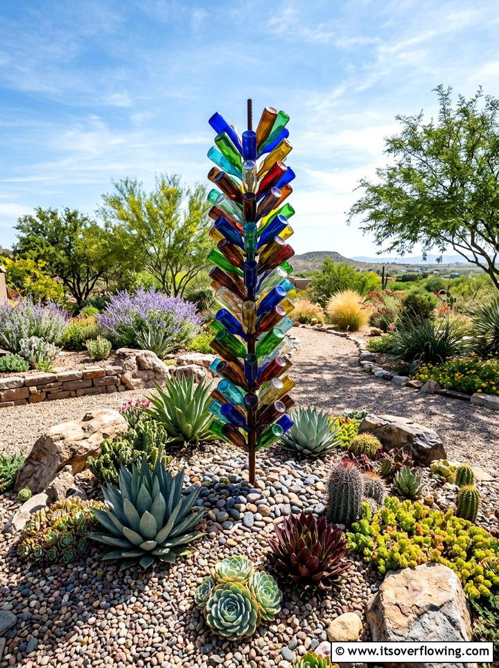 Glass bottle garden sculpture - 25 upcycled garden ideas with glass bottles