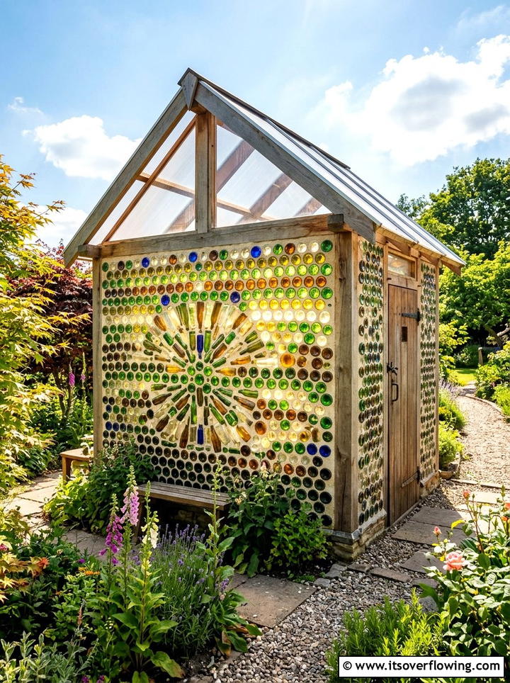Glass bottle greenhouse wall - 25 recycled garden ideas with vertical bottle wall