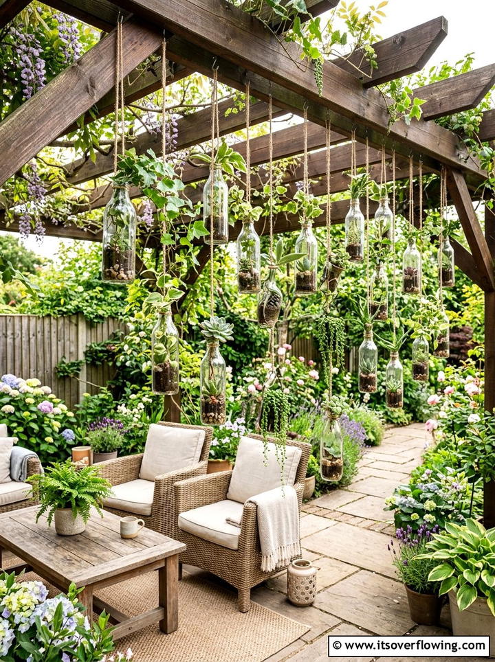 Glass bottle hanging planter - 25 upcycled garden ideas with glass bottles